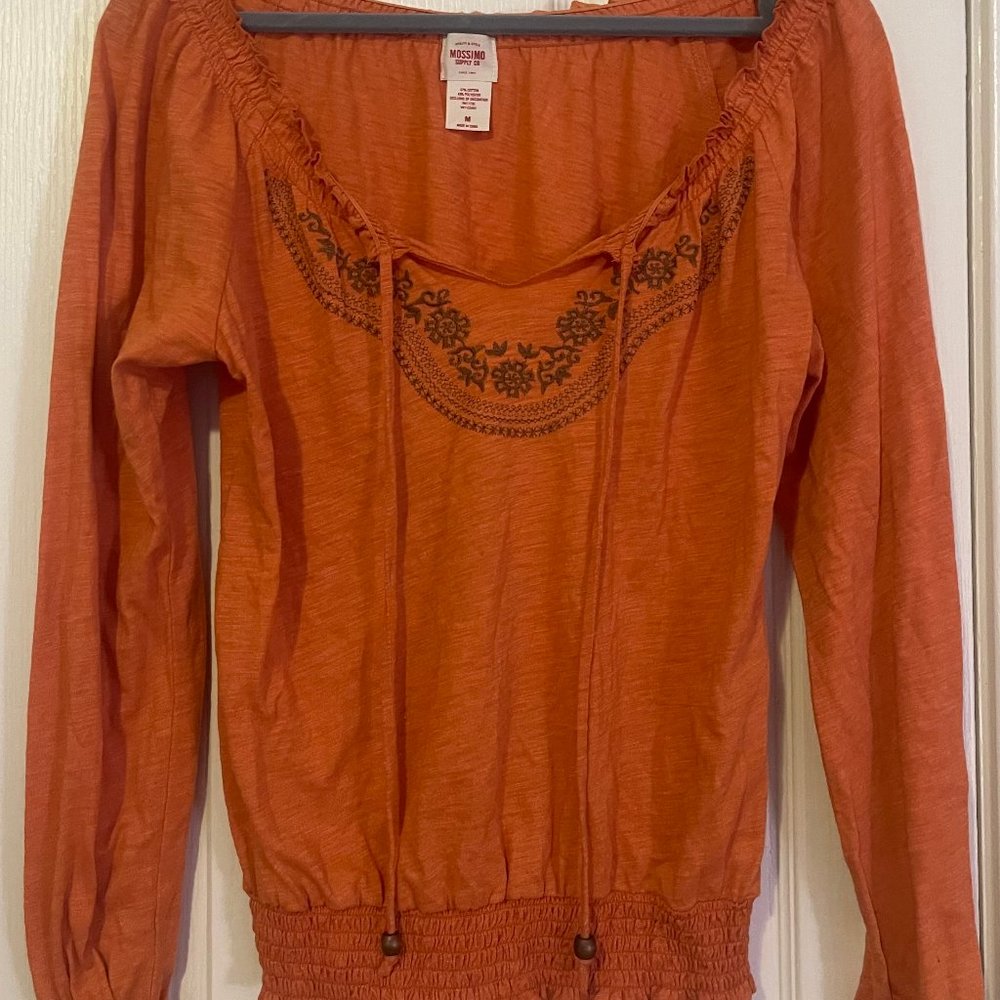 Orange Peasant Blouse with Brown Embroidery (M)
